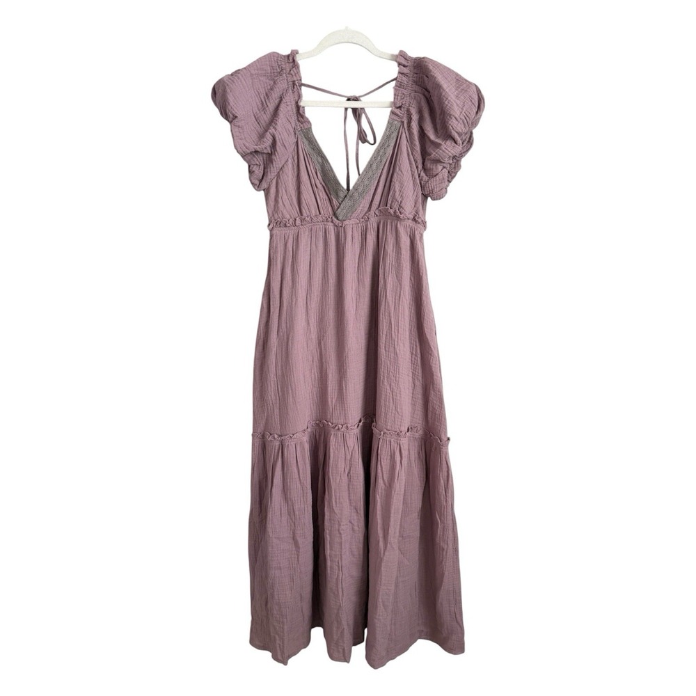 Listicle Mauve Gauze Maxi Dress V-Neck Lace Trim Puff Sleeve Prairie Boho M NEW